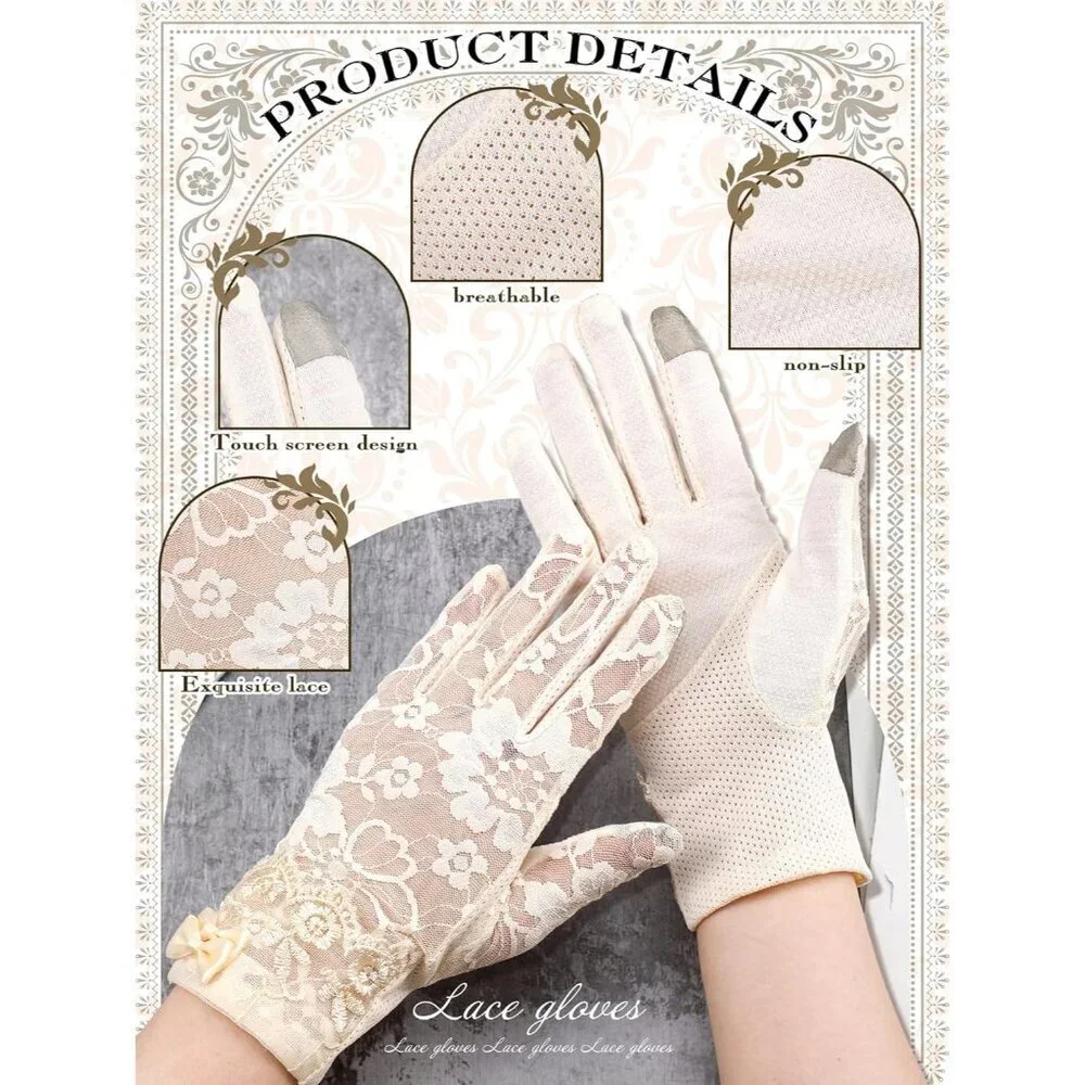 Women's Beige Short Floral Finger Less Nylon Halloween Cosplay Lace Gloves
